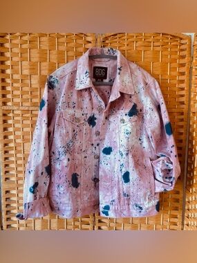 BDG Pink Denim Ice Dyed Jacket with Navy Blue Ink Blue Splatter